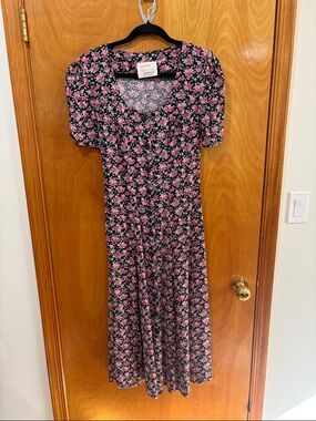 Vintage Black Midi Dress with Pink Floral Print - Ninon de Lenclos